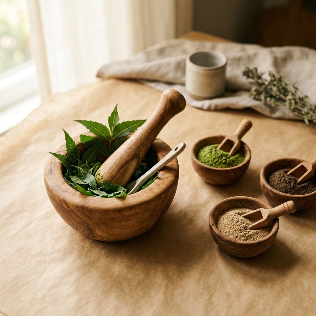 Ayurvedic Mortar & Pestle with Fresh Neem Leaves